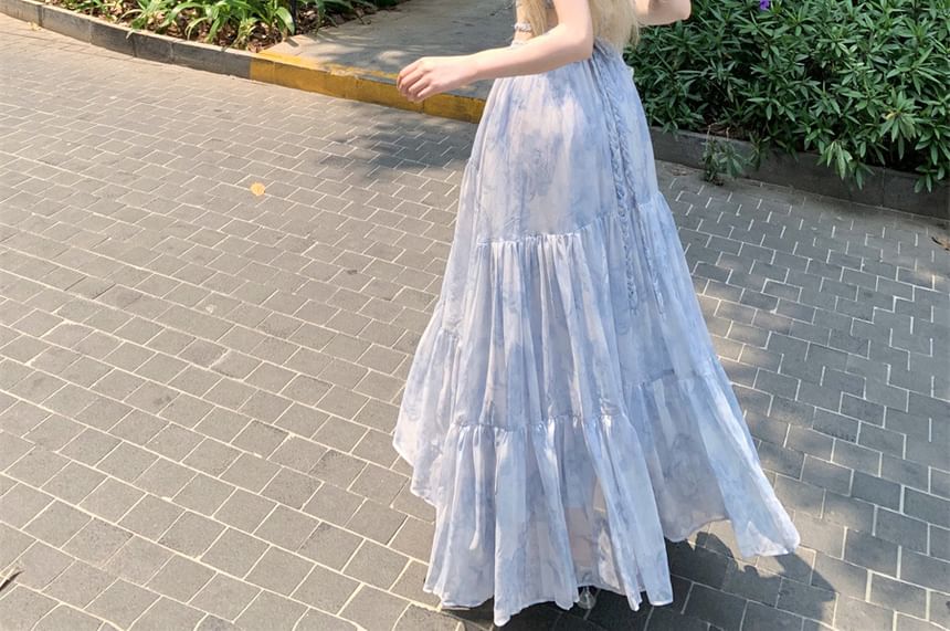 A-Line Tie Dye Dress Spaghetti Strap Halter Cutout Neck Maxi