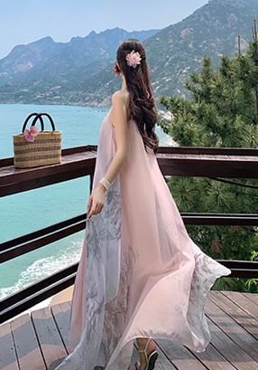 Robe longue à bretelles spaghetti imprimée A