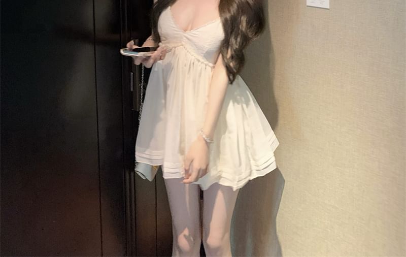 Plain Sundress Spaghetti Mini Lace Strap Trim V-Neck