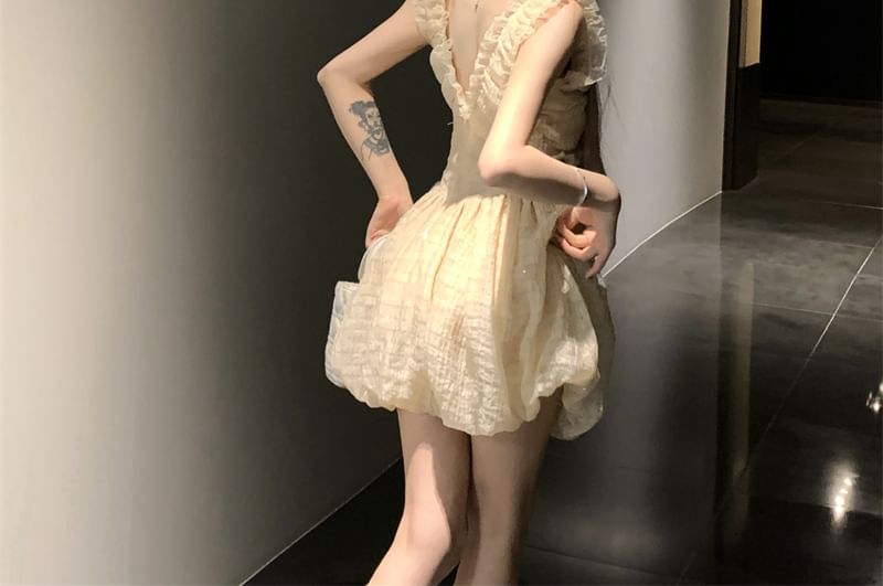 Sleeveless A-Line Mini Ruffle Dress Plain