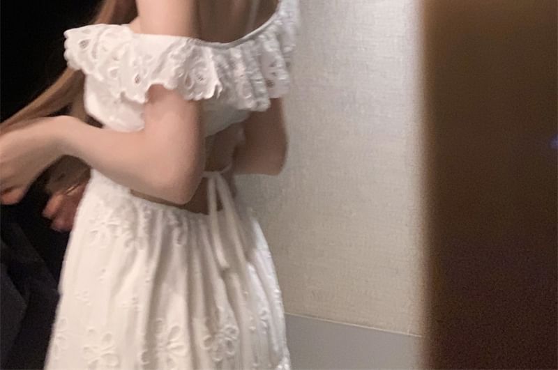 Dress Midi Ruffled A-Line Off-Shoulder Lace Eyelet