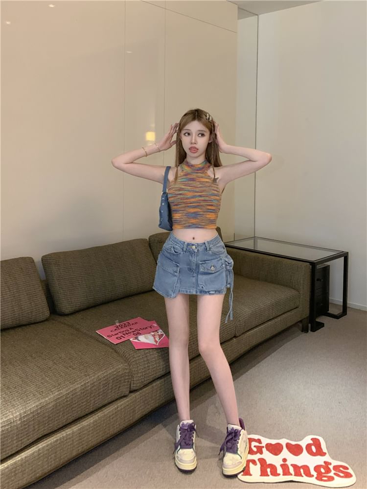 Jupe crayon mini-cargo asymétrique taille mi-haute en denim délavé