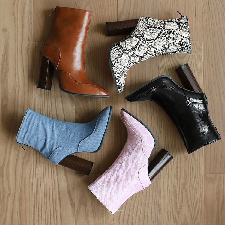 Short Heel Pointed Boots Toe Chunky
