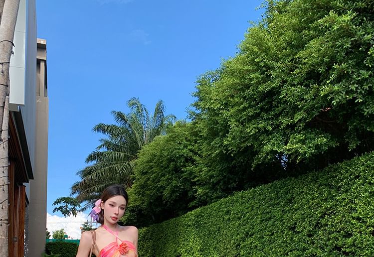 Maxi Accent Dress A-Line Halter Neck Open Ruched Floral Back Tie Dye