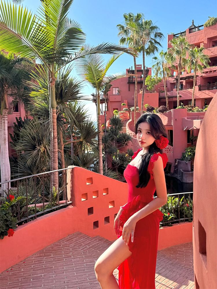 Ruffle Open Square Bodycon Maxi Trim Sleeveless Plain Slit Neck Dress Back