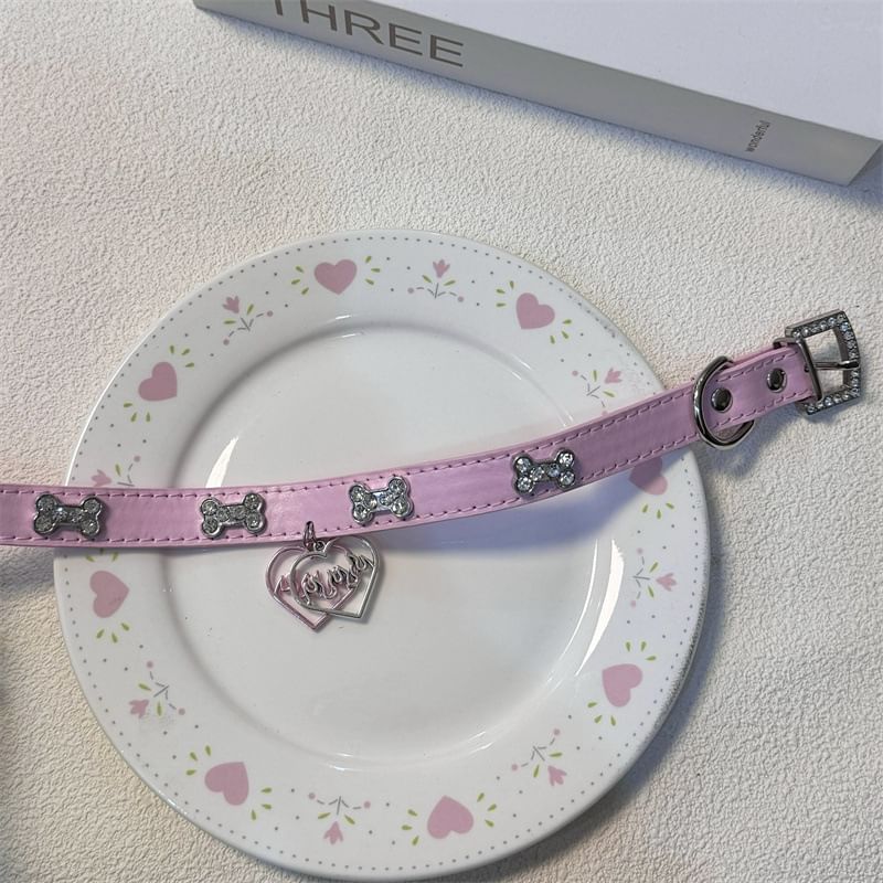 Leather Choker Rhinestone Heart Faux