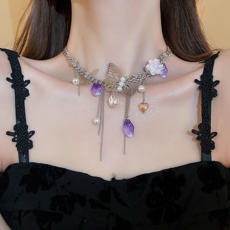 / Butterfly Earring Necklace Fringed