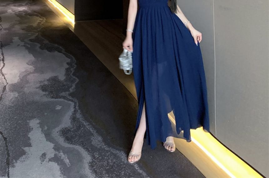 Plain A-Line Halter Maxi Side-Slit Dress