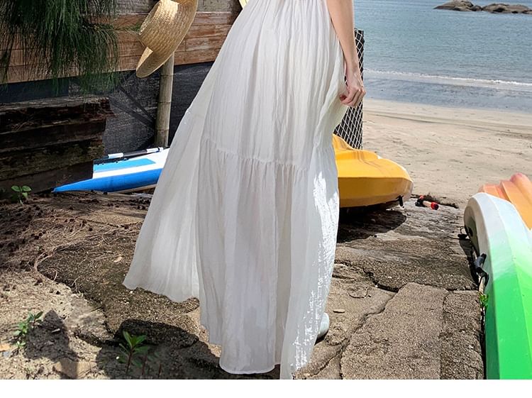 Trim Back Dress Maxi Plain Lace A-Line Open Sleeveless