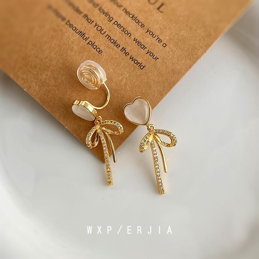 Clip Heart On Drop Earring Bow Rhinestone