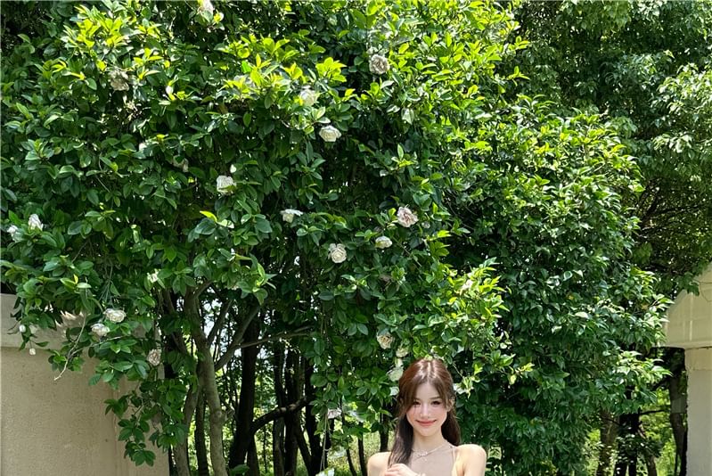 Slit Spaghetti Dress A-Line Plain Strap Cutout Maxi Ruffle