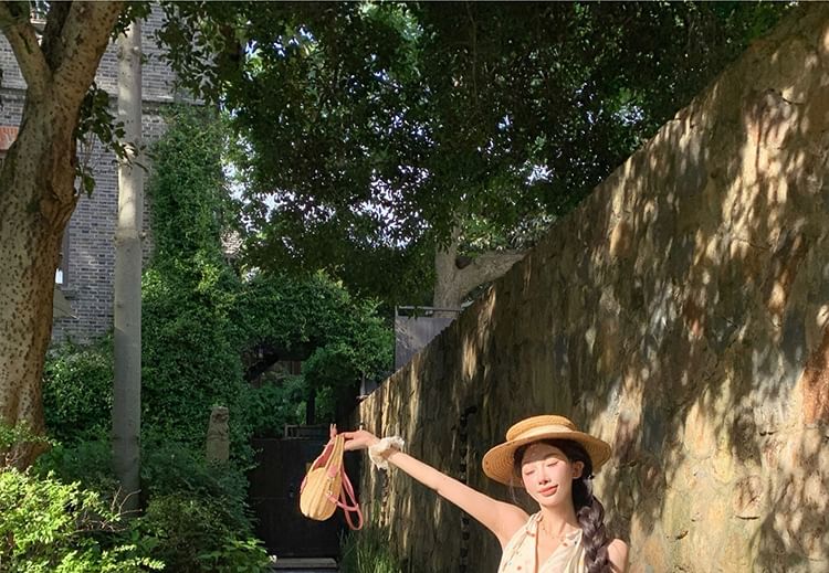 Dotted Mini A-Line Dress V-Neck Halter