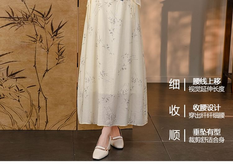 Ensemble : haut transparent à manches 3/4 + robe longue trapèze imprimée sans manches