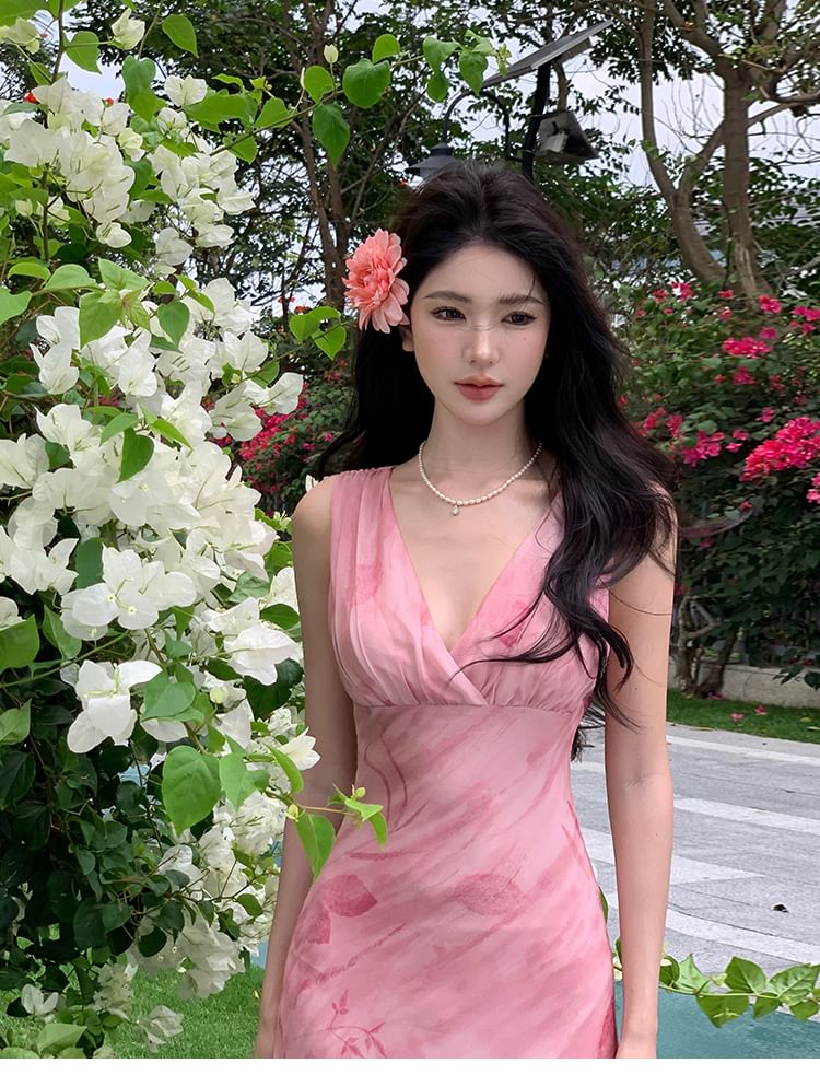 Robe longue trapèze sans manches à imprimé floral et col en V