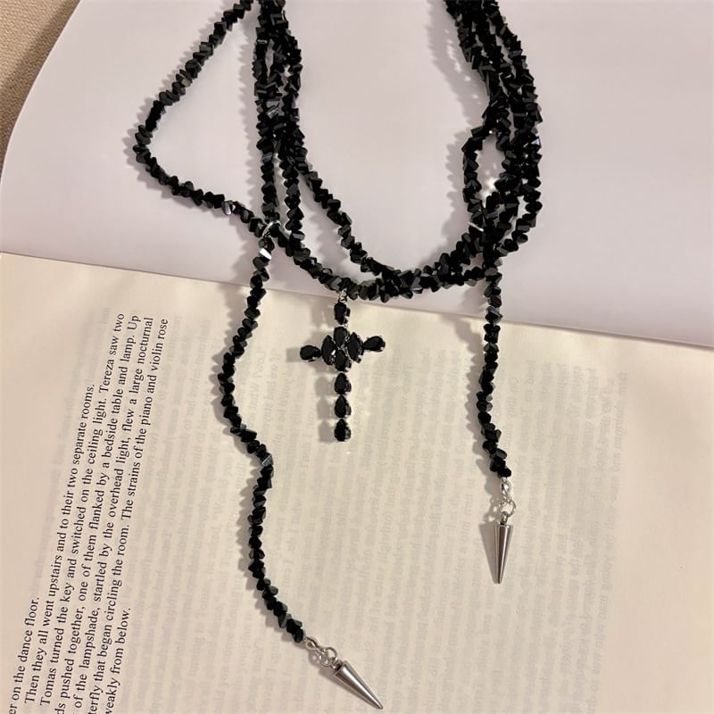 Layered Beaded Necklace Cross