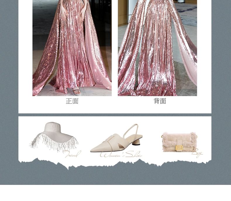 Robe de soirée trapèze à sequins et épaules dénudées avec manches cape