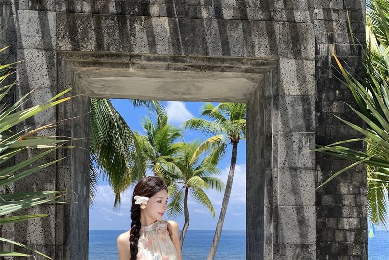 Tiered Midi Sundress Floral Sleeveless A-Line Halter