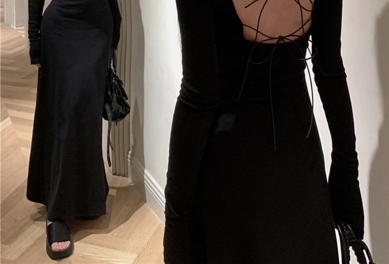 Maxi Plain A-Line Open Long-Sleeve Round Dress Neck Back