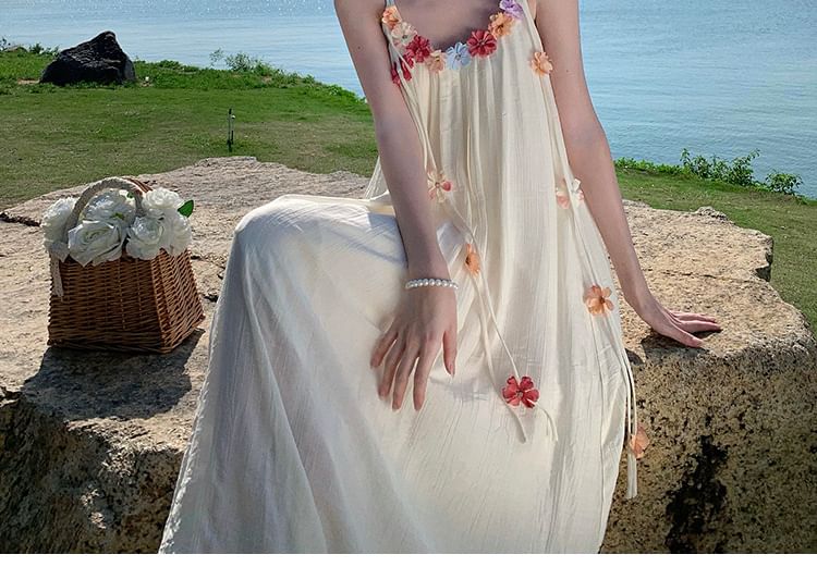 Flower Accent Strap Spaghetti Dress A-Line Midi