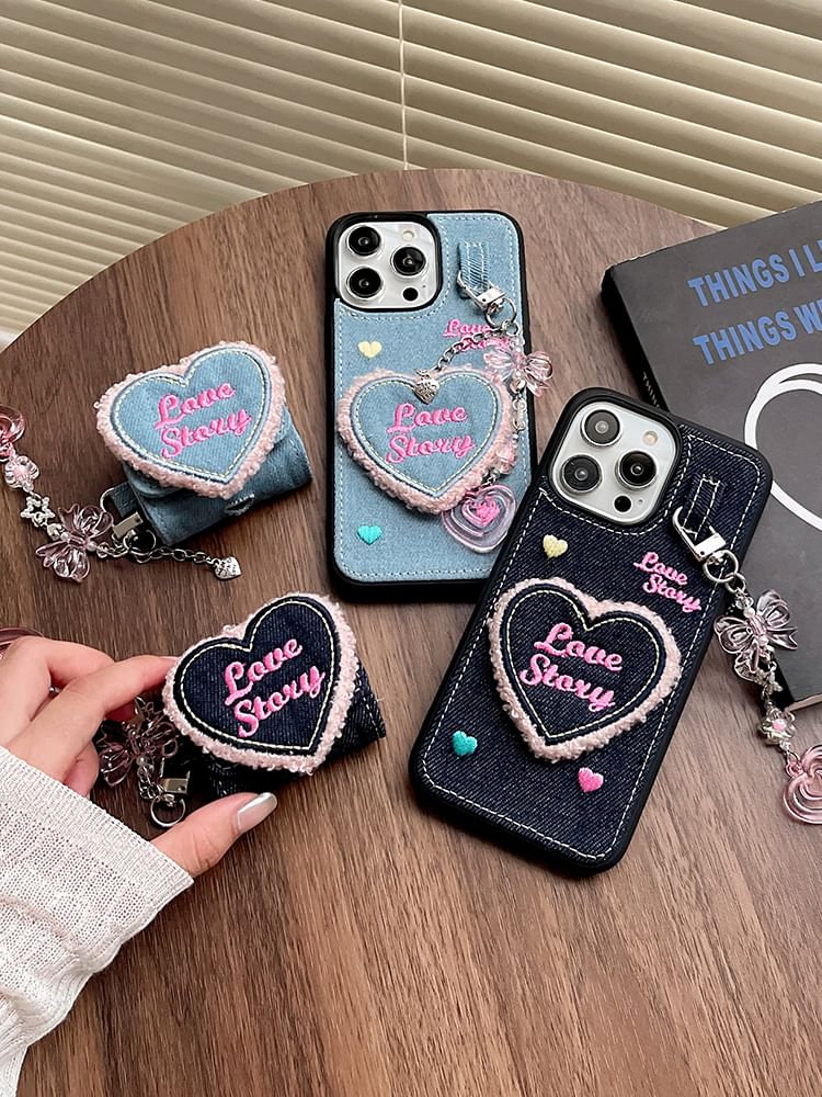 Heart Embroidered Denim Phone Case