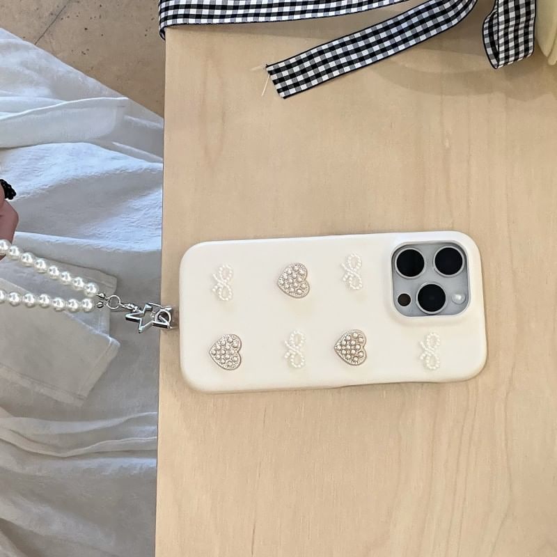 Faux Pearl Heart Bow Phone Case / Strap / Set