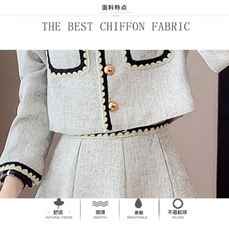 Ensemble : veste courte boutonnée à col ras du cou et bordure contrastée + jupe trapèze mi-longue taille haute