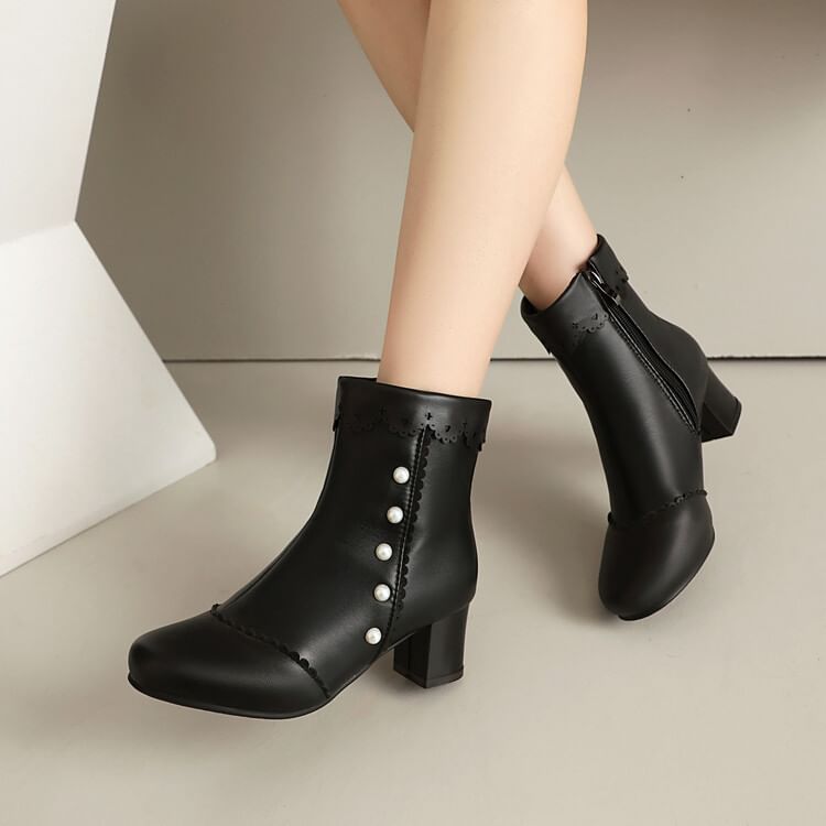 Short Faux Pearl Heel Chunky Boots