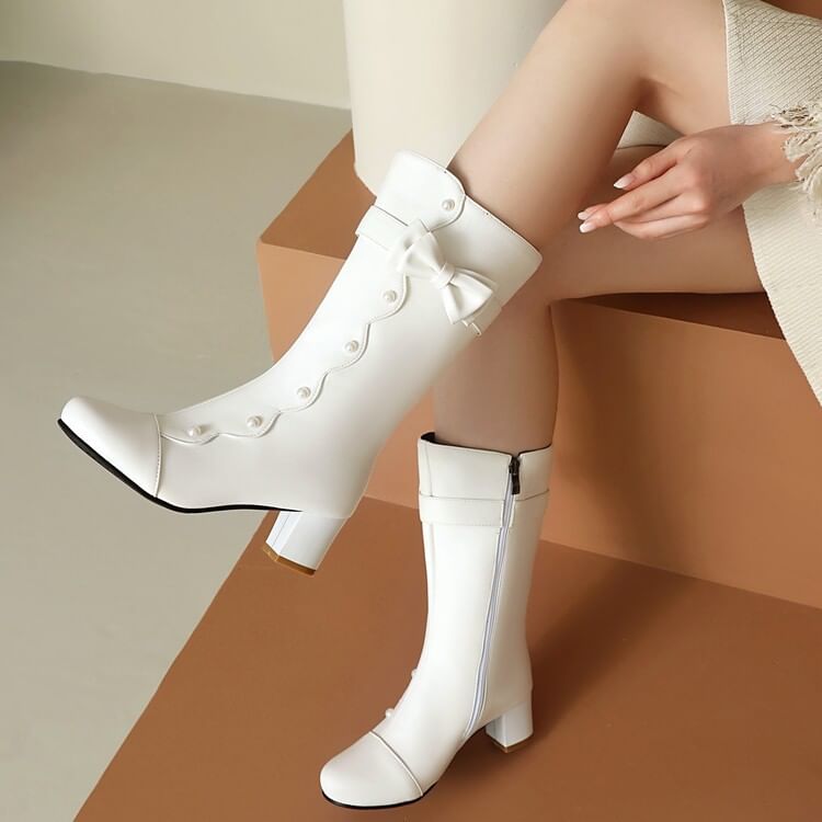 Boots Chunky Pearl Mid-Calf Heel Faux