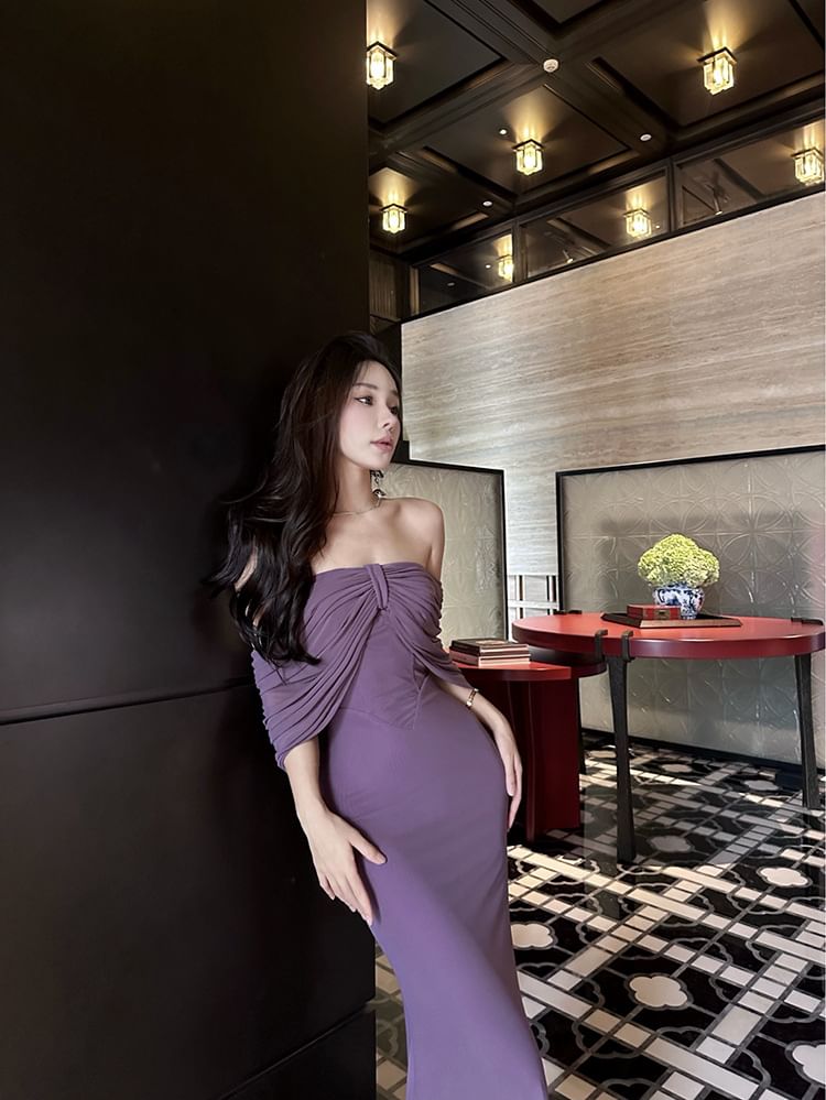 Bow Plain Strapless Dress Midi Sheath