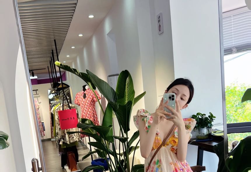 Robe longue d'été à volants sans manches, col en V, imprimé floral