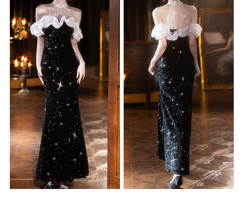 Robe de soirée sirène à paillettes et épaules dénudées à manches courtes