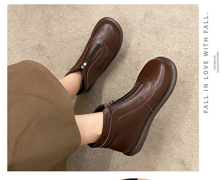 Zip-Up Short Boots Leather Plain Faux