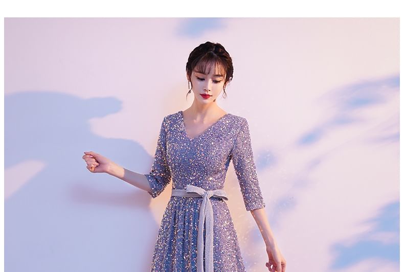 Gown Evening A-Line Sequin Elbow-Sleeve V-Neck