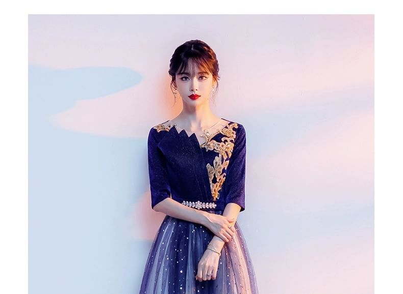 Evening A-Line Gradient Embroidered Flower Gown Sequin Elbow-Sleeve