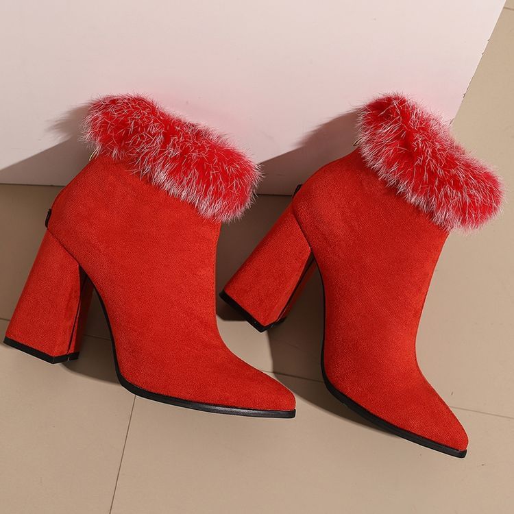 Heel Short Block Boots Print Trim Leopard Furry