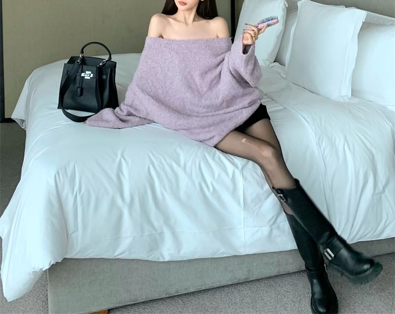 Plain / Off Sweater Belt Drop Oversized Shoulder
