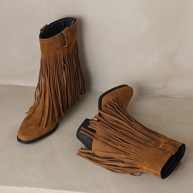Block Toe Suede Boots Faux Heel Calf Fringe Square Mid
