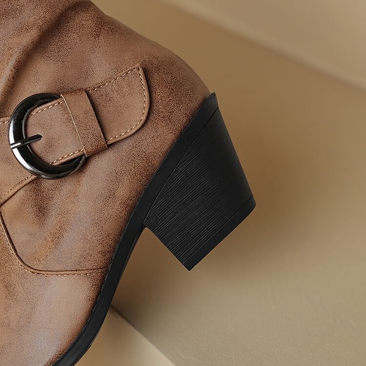 Buckled Boots Toe Knee Block Square High Heel