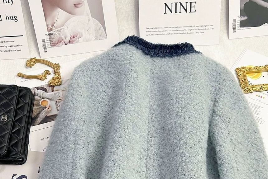 Panel Denim Round Button Boucle Jacket Neck