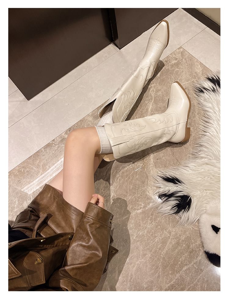 Cowboy Heel Boots Faux Chunky Leather