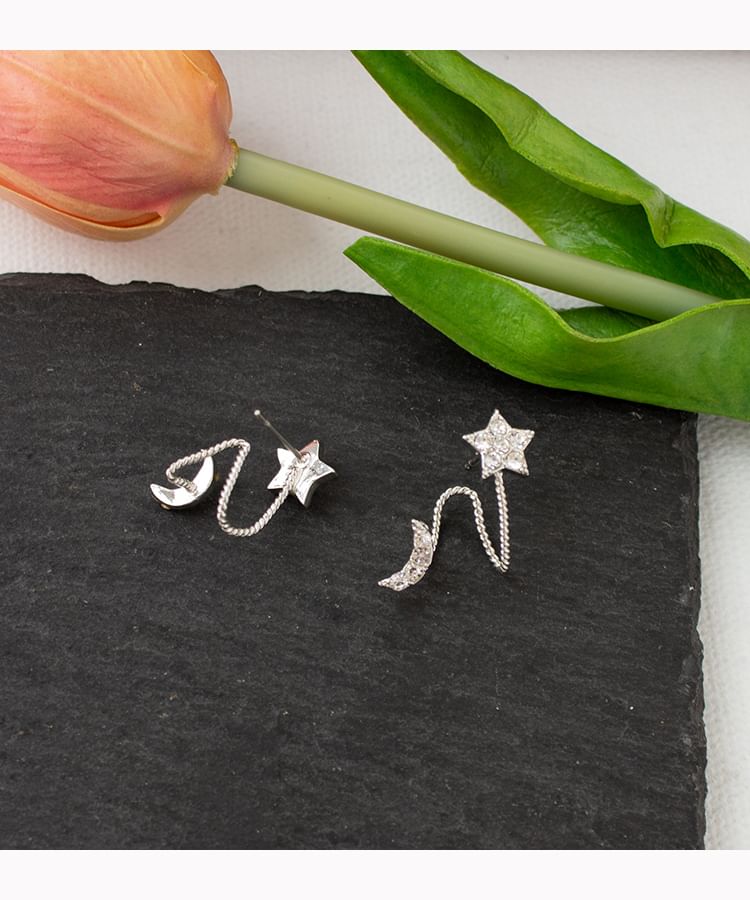 / Earring Clip Star Climber Crescent Rhinestone On