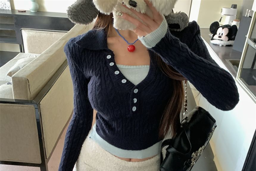 Two-Piece Sweater Cable-Knit Tone Cropped Mock Two Collar