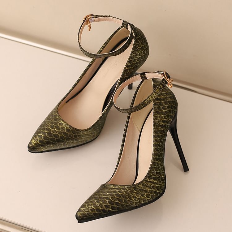 Pumps Stiletto Scale Heel Patterned Fish Strap Ankle