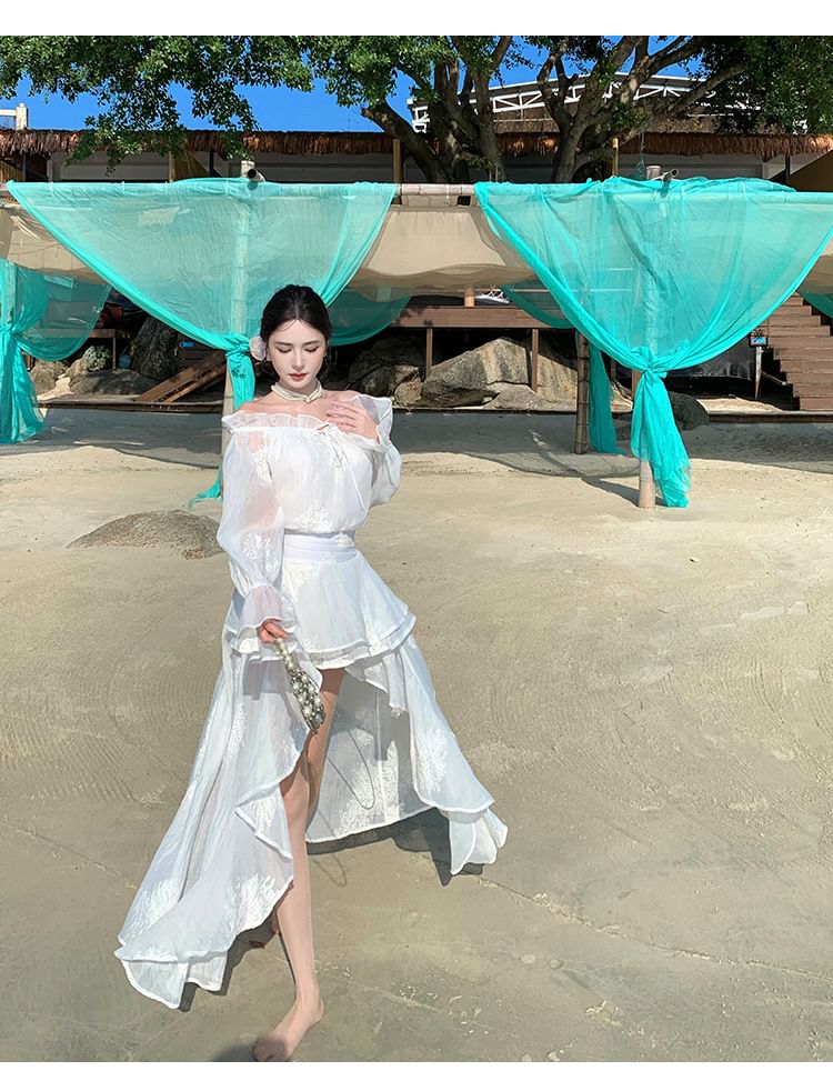 Low Plain Ruffle High Off-The-Shoulder Dress A-Line Long-Sleeve Maxi