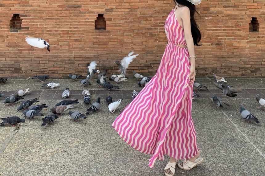 Halter Sleeveless Maxi Wave Dress A-Line Neck Striped