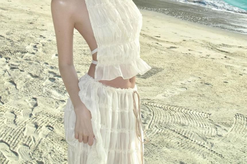 Cami Halter Set: Rise Skirt Plain High Maxi + Neck Crop Top A-Line