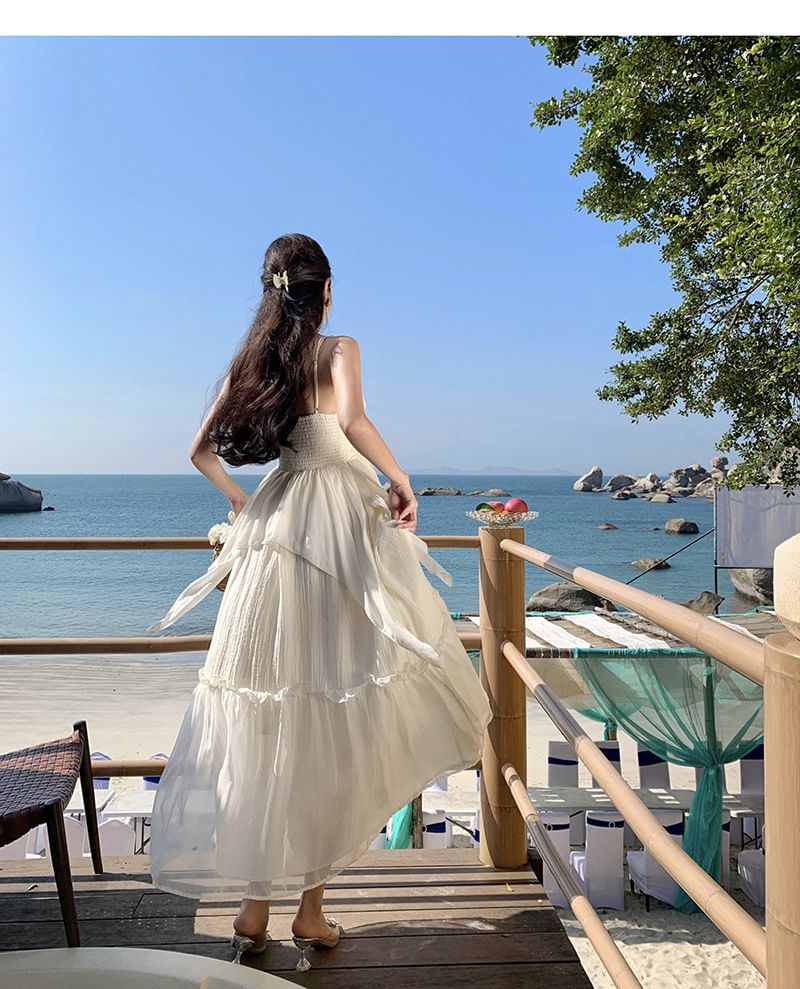 Spaghetti Maxi Dress Plain Strap Ruffle V-Neck A-Line Trim