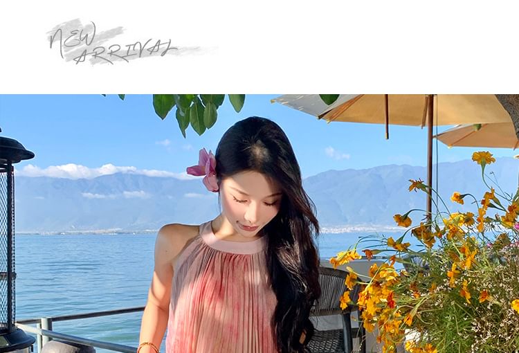 Dye Dress Neck Pleated A-Line Tie Maxi Sleeveless Crew