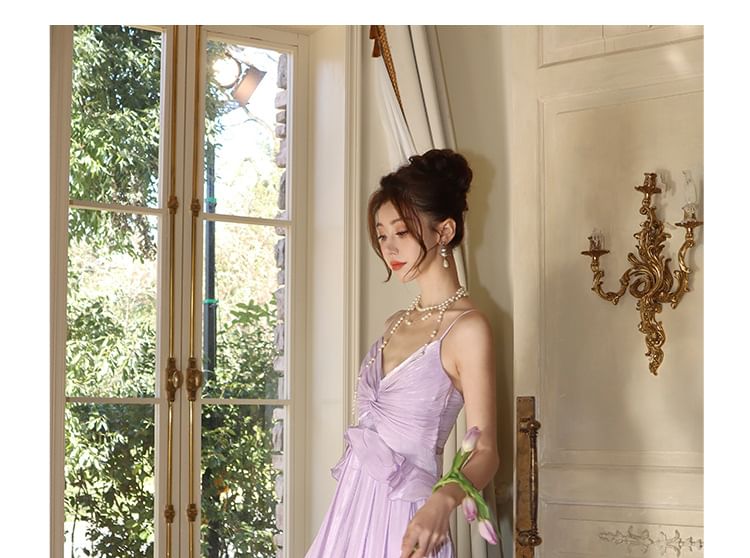 Spaghetti Maxi Strap Trim V-Neck Ruffle Plain A-Line Dress