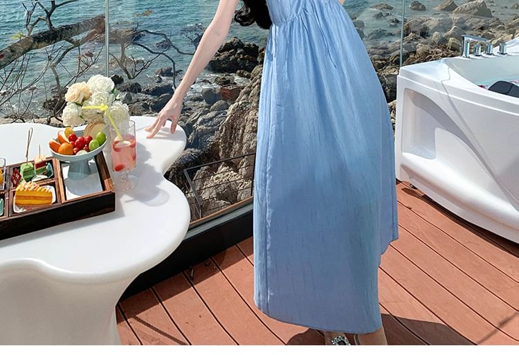 A-Line Maxi V-Neck Strap Ruched Spaghetti Dress Plain